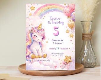 Unicorn Birthday Invitation Editable Template, 5x7 Girl Birthday Invitation, Canva Template, Rainbow Unicorn, Instant Download Printable