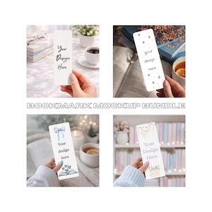 Può includere: Quattro mockup di segnalibri bianchi, ognuno con il testo "Your Design Here". I segnalibri presentano vari design, tra cui stelle, un fiocco ed elementi floreali. La frase "BOOKMARK MOCKUP BUNDLE" è nella parte inferiore dell'immagine.