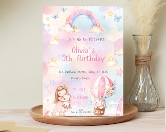 Unicorn Birthday Invitation Editable Template, 5x7 Girl Birthday Invitation, Canva Template, Rainbow Unicorn, Instant Download Printable