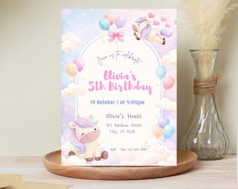Unicorn Birthday Invitation Editable Template, 5x7 Girl Birthday Invitation, Canva Template, Rainbow Unicorn, Instant Download Printable