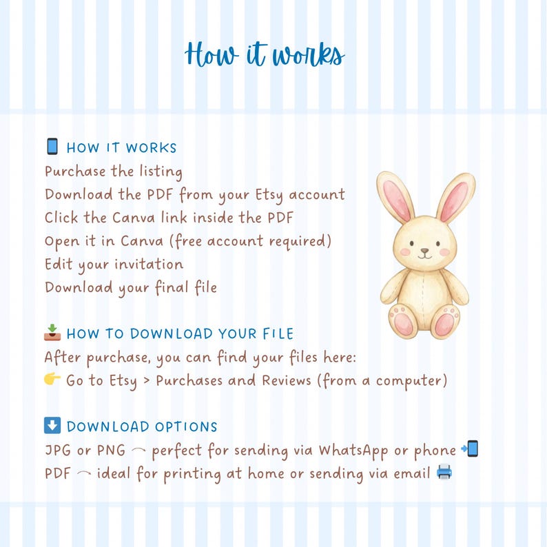 May include: A light blue and white striped background with the text "How it works". The image includes instructions on how to download a file after purchase. A watercolor illustration of a beige bunny with pink ears is also present.
