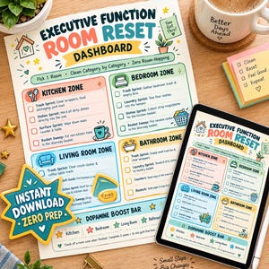 May include: A printed Executive Function Room Reset Dashboard checklist featuring color-coded zones for the kitchen, bedroom, living room, and bathroom. The document includes a Dopamine Boost Bar, checkboxes for tasks, and a star-shaped instant download tag.