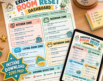 May include: A printed Executive Function Room Reset Dashboard checklist featuring colour-coded zones for the kitchen, bedroom, living room, and bathroom. The document includes a Dopamine Boost Bar, checkboxes for tasks, and a star-shaped instant download tag.