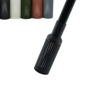 May include: A black metal rod with a black mesh tip. The mesh tip is cylindrical and has a pattern of small holes.