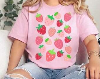 Strawberry T Shirt, Aesthetic Cottagecore Gardener Cotton Top, Plant Lovers Gift for Women