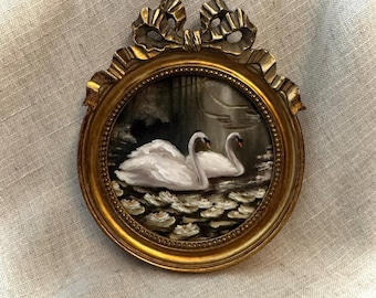 Moody Swans on Pond,Water Lily,Dark Academia Mini Art PRINT Framed
