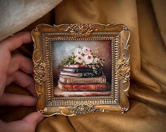 Roses On A Bookstack, Romantic Academia,Mini Art PRINT,Gold Frame