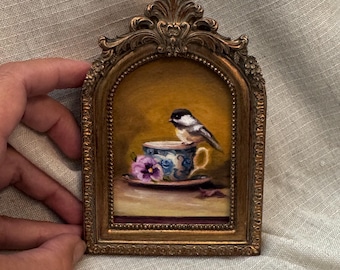Chickadee on Blue and White Teacup Mini Fine Art PRINT Framed