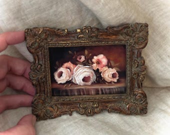 Blush Roses Resting on Gossamer, Antique Style,Mini Art PRINT,Gold Frame