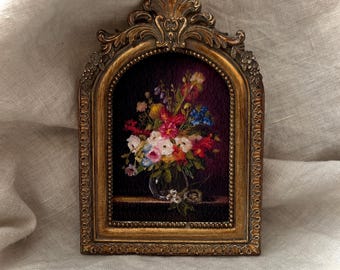 Dark Moody Floral Still Life in Vase Bird Nest Mini Art PRINT Framed