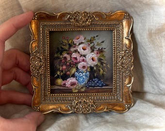 Floral and Fruit Still Life,Mini Art PRINT,Gold Frame