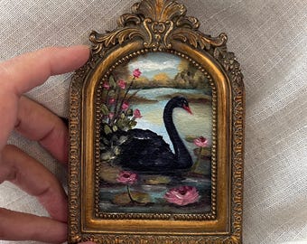 Black Swan on Pond,Lily Pads,Water Lilies,Mini Fine Art Print Framed