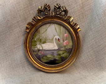 Swan on Pond,Water Lily,Soft and Light pondscape Mini Art PRINT Framed