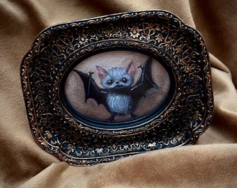 Cute Little Batty Bat Portrait,Mini Fine Art Halloween PRINT,Framed