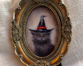 Little Gray Cat in a Witch Hat,Kitten,Portrait,Halloween Mini Art PRINT,Framed