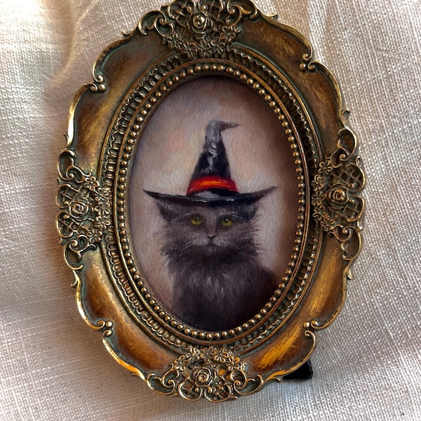 Little Gray Cat in a Witch Hat,Kitten,Portrait,Halloween Mini Art PRINT,Framed