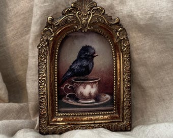Raven on Teacup Blackbird Crow Corvid Mini Fine Art PRINT Framed