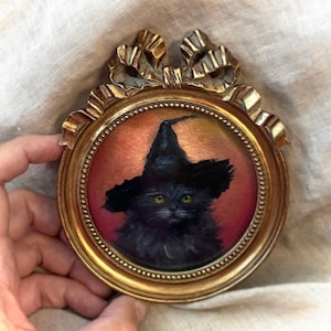 Little Black Cat in a Witch Hat,Kitten,Portrait,Halloween Mini Art PRINT,Framed