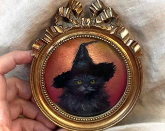 Little Black Cat in a Witch Hat,Kitten,Portrait,Halloween Mini Art PRINT,Framed