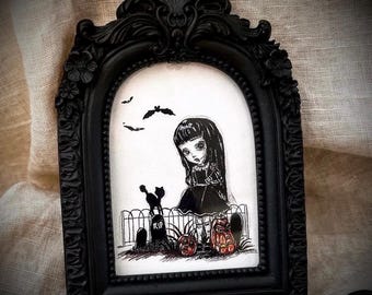 Creepy Cute Little Big Eye Girl Portrait Grumpy Pumpkins Halloween, Mini Art PRINT,Framed