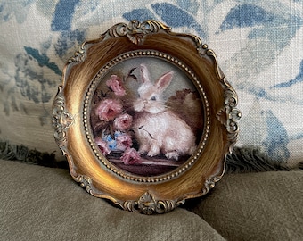 Baroque Bunny I with Roses, Art PRINT, Framed