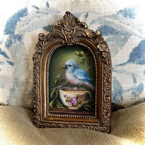 Little Blue Bird on A Teacup Mini Fine Art PRINT Framed,Spring