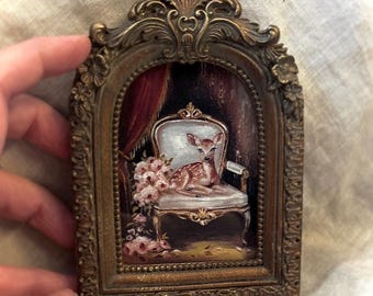 Fawn on Victorian Chair,Roses,Woodland Deer Portrait Mini Art PRINT,Framed