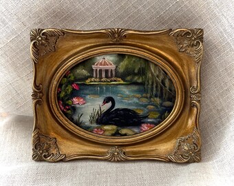 Black Swan on Garden Pond with Gazebo Mini Fine Art PRINT Gold Frame