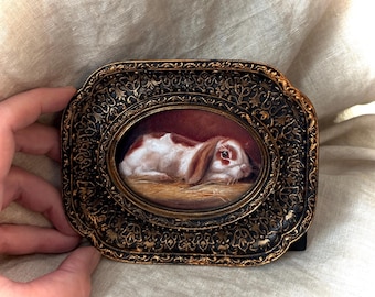 Sweet Resting Bunny Portrait, MINI Art PRINT, Black and Gold Frame, Framed Art