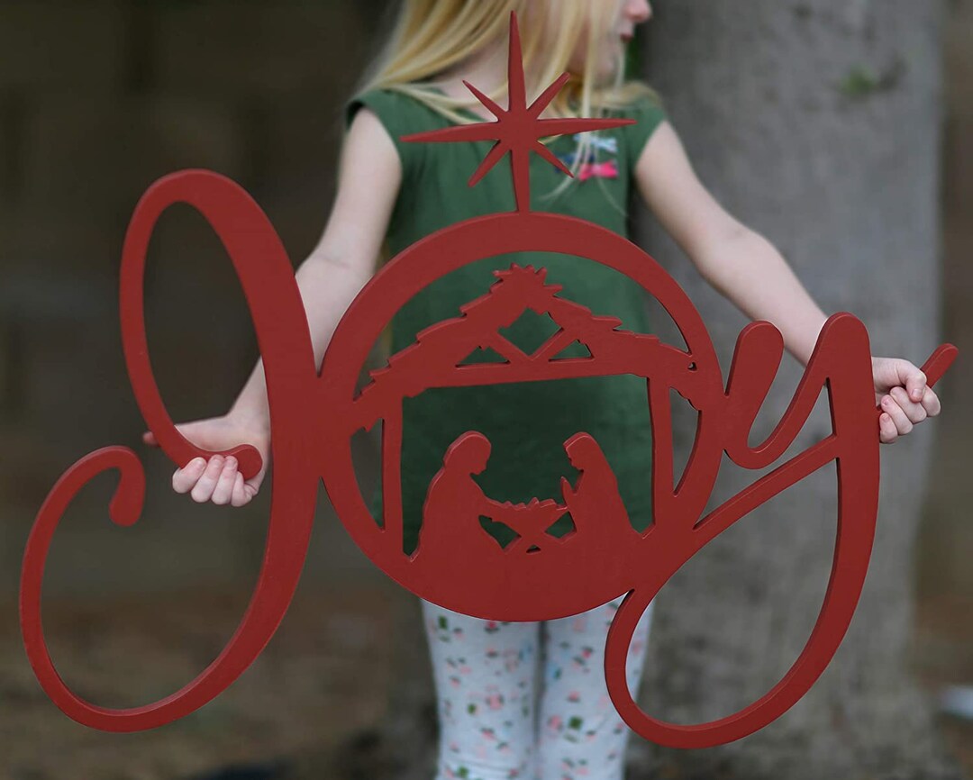 Joy Christmas Nativity Scene Wood Sign, Religious Wood Cutout