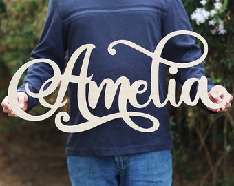 Custom Girls Name Nursery Wooden Sign, Amelia Font Personalized Nursery Decor, First Name Wood Cutout, Personalized Kids Room Sign Decor…