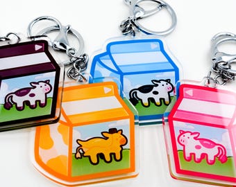 Milk Carton Keychains | Cute Cow Decor, banana milk, strawberry milk, kawaii aesthetic keychain, silly gift keyring