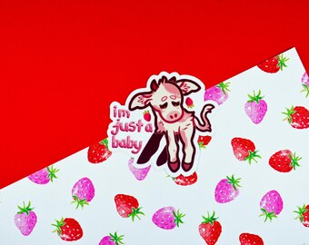 Strawberry Cow Die Cut Sticker, animal sticker, 3 in