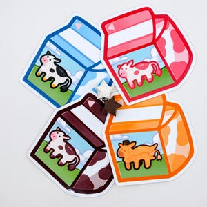 Milk Carton Sticker | Glossy Vinyl Sticker, Chocolate Milk, Strawberry Milk, Banana Milk, Cute Cow Sticker, Kawaii Milk Sticker