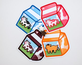 Milk Carton Sticker | Glossy Vinyl Sticker, Chocolate Milk, Strawberry Milk, Banana Milk, Cute Cow Sticker, Kawaii Milk Sticker