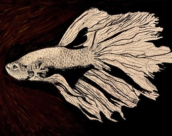 10 x pluma de pescado beta de 7 pulgadas y dibujo ORIGINAL de tinta