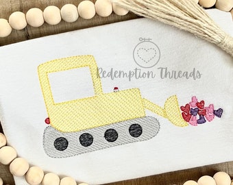 Valentines Day Tractor Embroidery Design, Machine Embroidery Boy Valentines Design, Vintage Quick Stitch Sketch Design, Bulldozer with heart