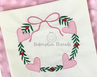 Valentines Wreath Embroidery Design, Machine Embroidery Girl Valentines Design, Vintage Quick Stitch Sketch Design, Hearts Machine Embroider