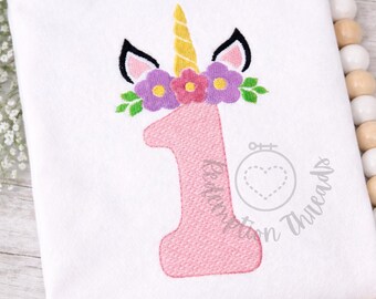 Unicorn 1st Birthday Embroidery Design, Machine Embroidery Birthday Number One,  First Birthday Design, Sketch Number 1