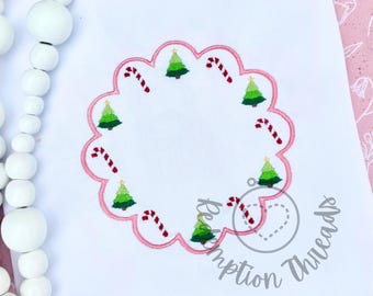 Scalloped Christmas Frame Embroidery Design, Mini Candy Cane and Mini Christmas Tree design, Monogram frame, Scallop Circle Christmas Design
