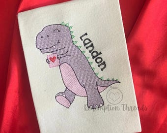 Valentines Dinosaur Embroidery Design, Machine Embroidery Boy, Quick stitch sketch design, Instant Download, Boy Dino Hearts Valentines