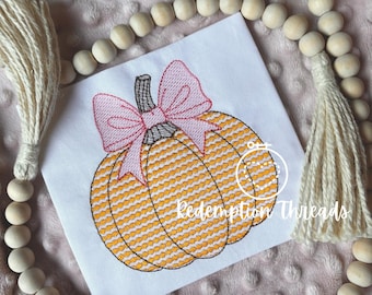 Pumpkin with Bow Embroidery Design, Machine Embroidery Fall Pumpkin, Halloween Appliqué and bean stitch design, Sketch Pumpkin, Girly fall