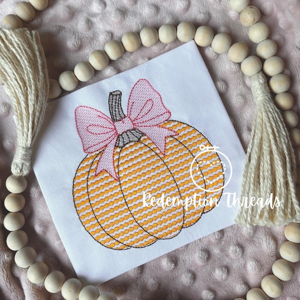 Pumpkin with Bow Embroidery Design, Machine Embroidery Fall Pumpkin, Halloween Appliqué and bean stitch design, Sketch Pumpkin, Girly fall