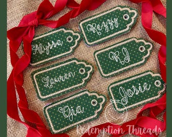 ITH Christmas Stocking Tag with Contrasting Thread, Christmas Gift Tag, ITH Scalloped Bag Tag Embroidery Design, In The Hoop Embroidery