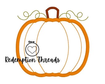 Pumpkin Appliqué Embroidery Design, Machine Embroidery Fall Pumpkin, Halloween Appliqué and bean stitch design, Vintage Pumpkin with Vines