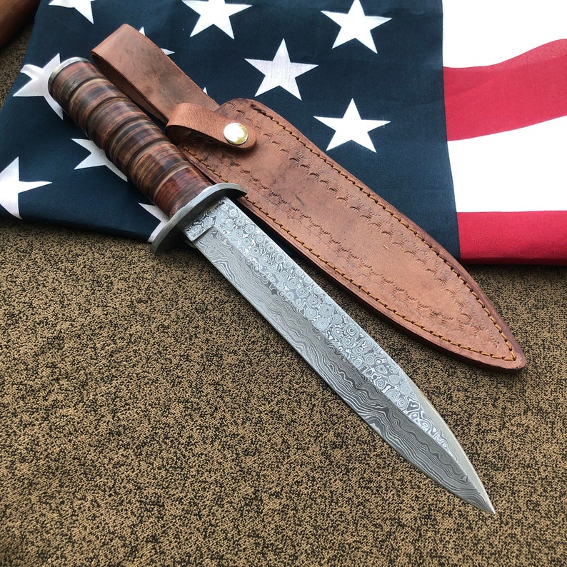 M3 Trench Knife 15” Long Damascus Raindrop Blade Custom Hand
