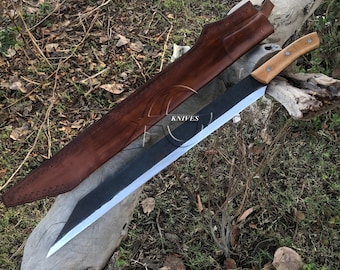 Saxy Machete, Custom Forged Blade Viking Knife Carbon Steel Blade, Survival Cleaver, Axe Odin Double Handed, Gift for Him