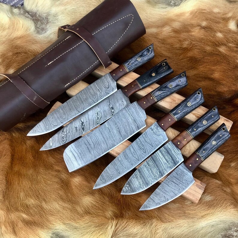 Handmade Chef Knives Set of 6 Pcs With Leather Kit / Damascus Blades / Fixed Blade Kitchen