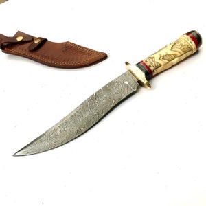 Hunting Bowie Custom Made Damascus Blade Wood Handle With Leather Sheath