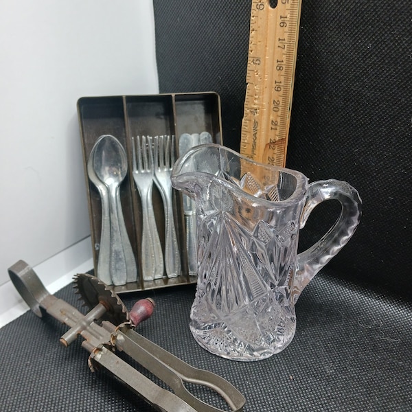 Flint Glass Pitcher Egg Beater German Soft Metal Flatware Play Set Minature Toy Glass Pitcher Betty Taplin Egg Beater Swiss Flatware Metal